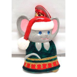 Vintage Ceramic Handpainted Mouse on Green Bell Christmas Tree Ornament